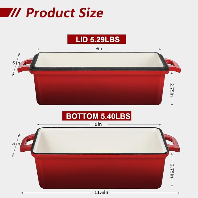 Wildone 2 in 1 Enameled Cast Iron Bread Pan with Lid, 9x5 Loaf Pans for Homemade Sourdough Bread, Cake, Meatloaf, Even Heating Bread Dutch Oven, Red