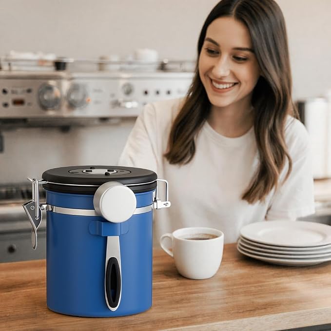 ShanSon Coffee Canister Airtight, Stainless Steel Bean Storage Container with Date Tracker & Scoop, Grounds Sugar Flour Tea Cereal Fits Kitchen Pantry, Ideal Gift for Coffee Lovers,16oz,Blue