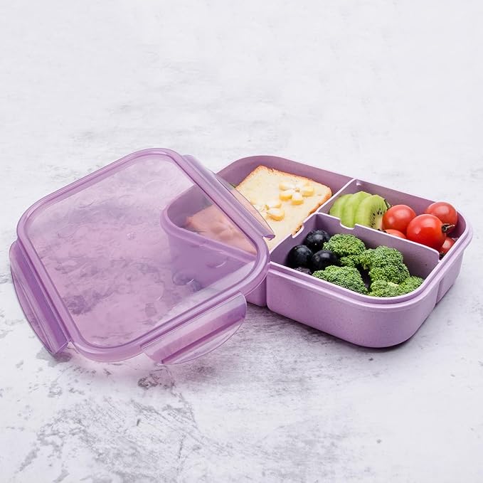 Itopor Bento Box for Kids & Adults, Lunch Box 46 oz / 1400ml, Lavender | Wheat straw material, BPA-free, leakproof, 3 compartments, microwave & dishwasher safe, for school, office & travel