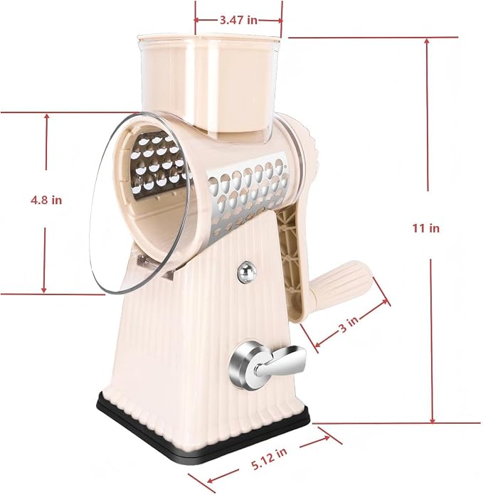 Rotary Cheese Grater with 5 Well-designed Blades & Strong Suction Base, Kitchen Mandoline Vegetable Slicer with Blade Storage Box(Off-white)