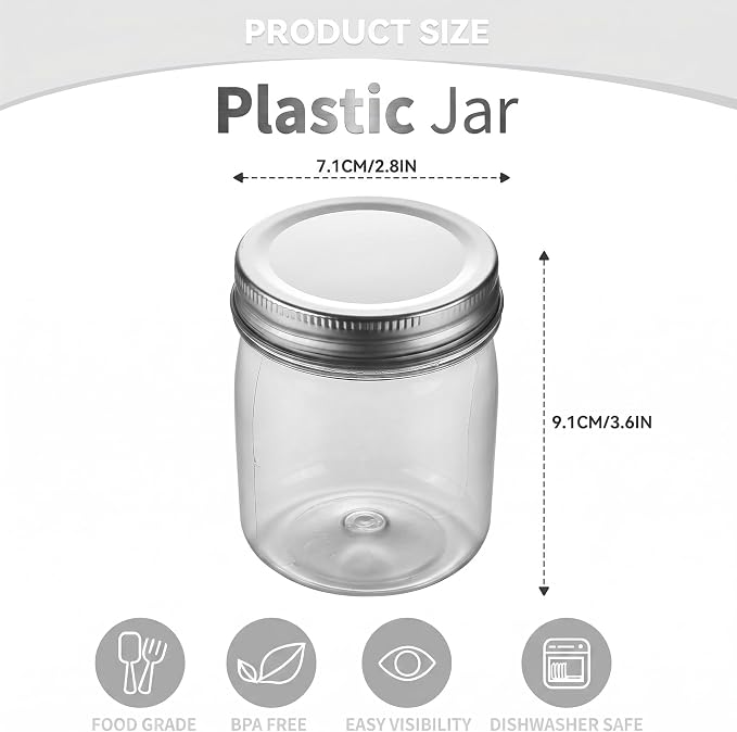 novelinks 8 oz Plastic Mason Jars and Clear Plastic Jars with Lids 8 oz | 48 Pack, Silver, Plastic Containers with Lids, Small Mason Jars, Clear Jars Bulk, Spice Jars, Slime Jars, Mini Jars