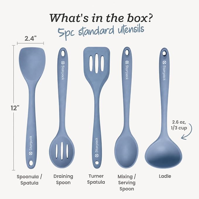 Starpack Stir and Serve Silicone Cooking Utensils Set (5-Piece, 11") - LFGB Non Toxic, 600°F Heat Resistant, BPA-Free - One-Piece Seamless, Dishwasher Safe - for Nonstick Cookware, Light Blue