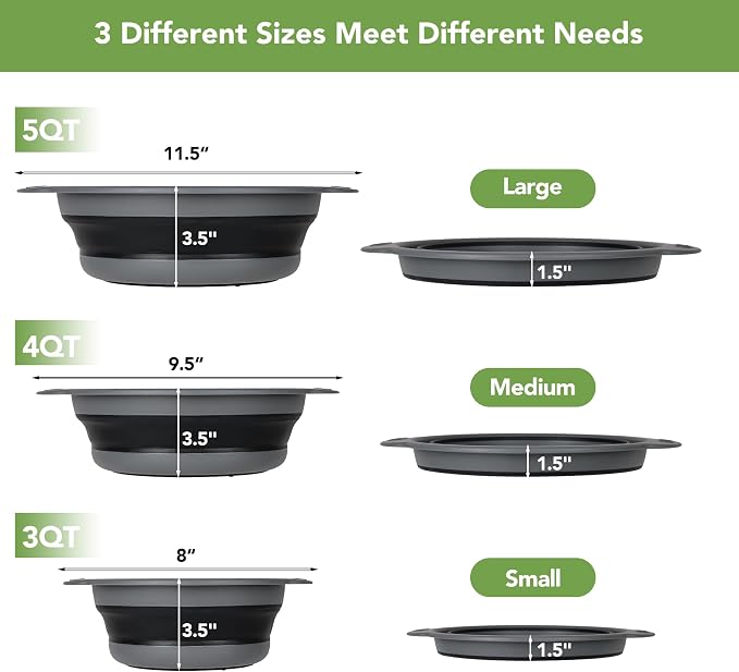 3-Pack Collapsible Colander for Kitchen with Self-Draining Base Foldable Strainers Set Round Silicone Food Drainer for Pasta Fruits and Vegetables (3QT, 4QT and 5QT), Black