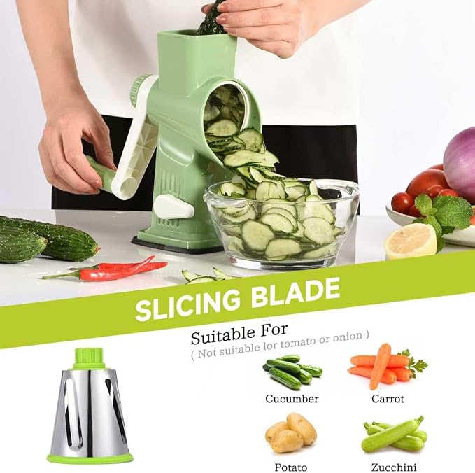 Rotary Cheese Grater Hand Crank Transparent - Shredder Slicer Grinder 3 Stainless Steel Blades, Stable Suction, Labor-Saving Handle, Safe Kitchen Tool for Cheese, Vegetable, Nuts, Chocolate