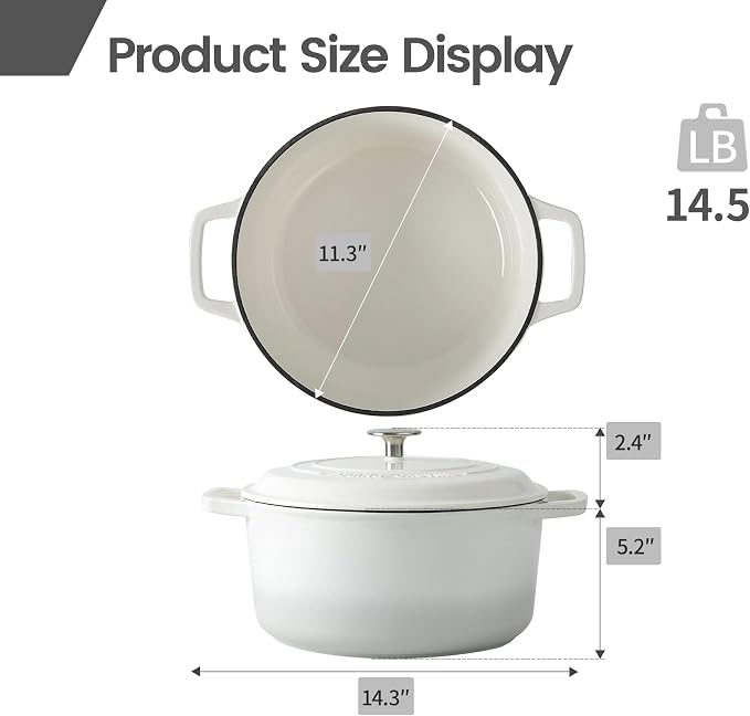 EDGING CASTING Enameled Cast Iron Dutch Oven Pot With Lid, Dutch Oven for Sourdough Bread Baking Round Pot Dule Handle, 7.5 Quart, White