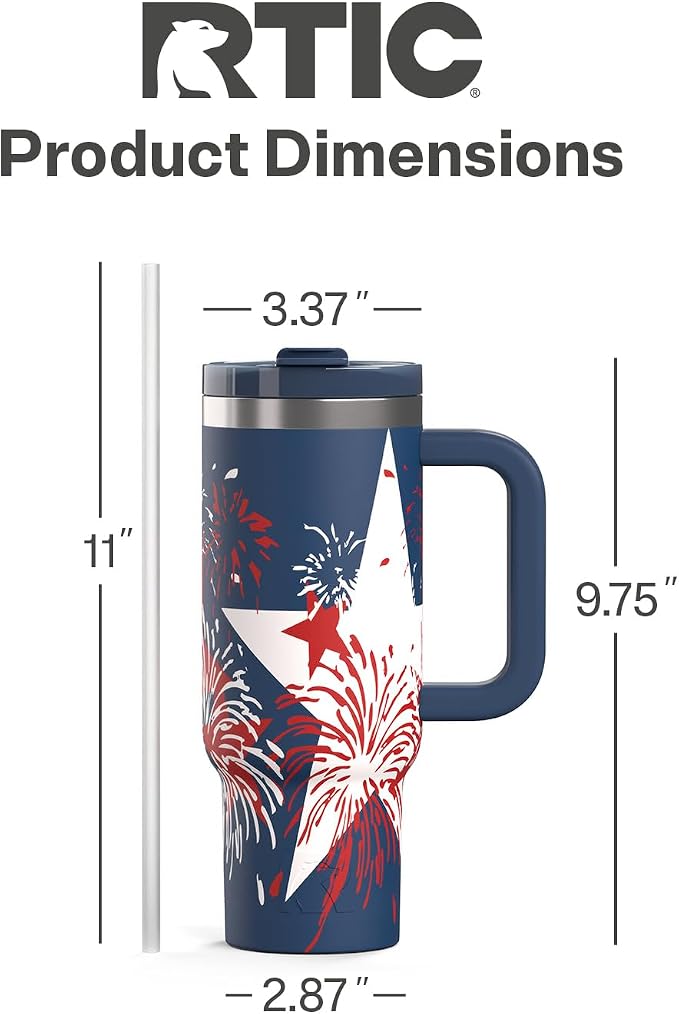 RTIC 30 oz Road Trip Tumbler Double-Walled Ceramic Lined InsulatedStainless Steel Portable Travel Coffee Mug Cup with Lid, Handle and Straw, Fireworks