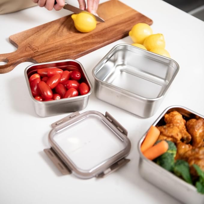 LocknLock Stainless Steel Food Storage Container Set with Lids, 2 Pack Metal Lunch Boxes, Airtight and Leak Proof, Microwave, Freezer and Dishwasher Safe, 700ml and 1300ml