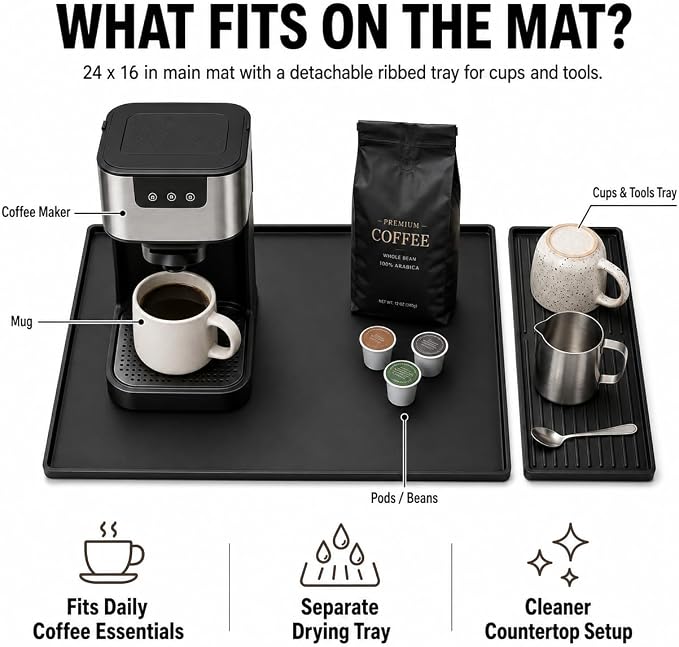 Silicone Coffee Mat 24 x 16 in with Tray, Classic Black | Coffee bar mat for countertop use, coffee station mat or coffee machine mat with removable tray and 0.47 in raised rim.