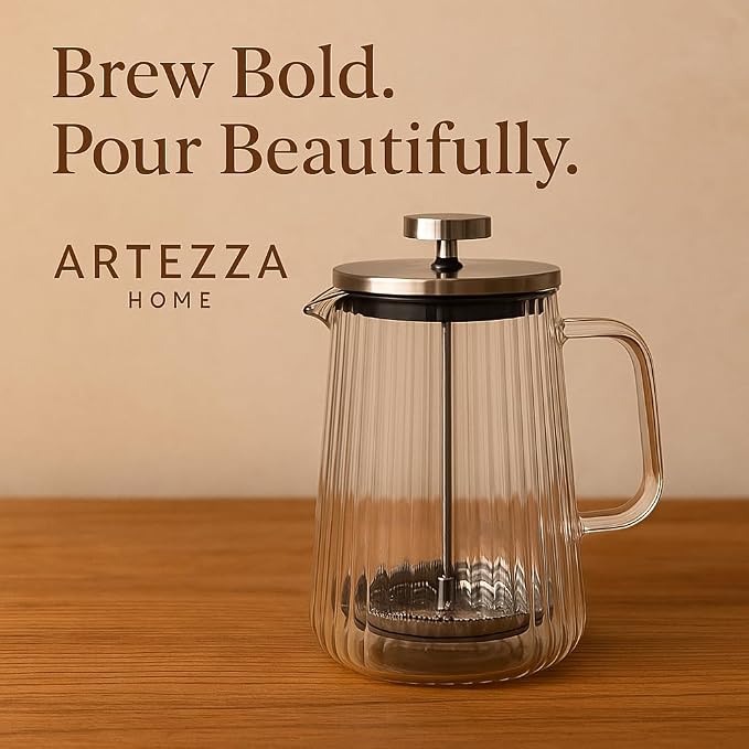 French Press Coffee Maker – 650ml / 22oz – Ribbed Glass Design – Borosilicate Glass with Stainless Steel Filter –Serves Small 4–5 cups