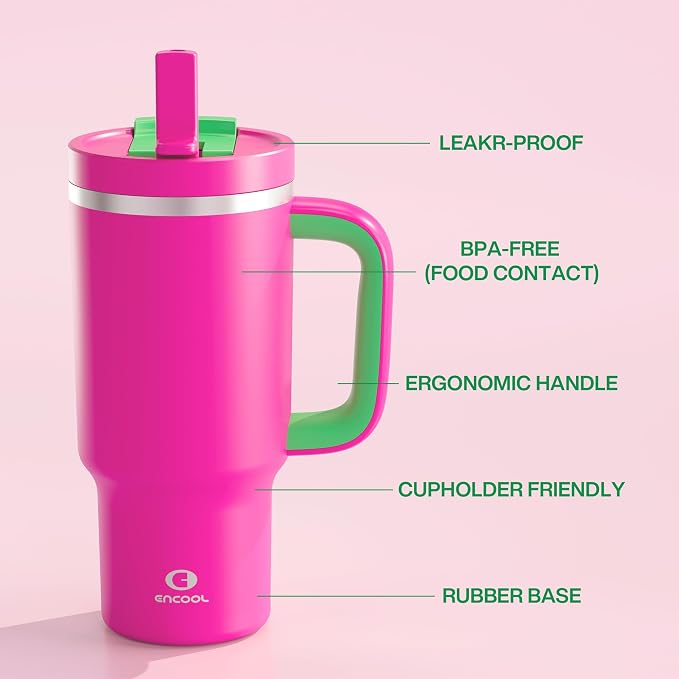 ENCOOL 32 oz Tumbler with Handle and Straw: Stainless Steel Insulated Tumbler Keeps Cold for 24 Hours, Leakproof Travel Cup Fits in Cup Holder and BPA-Free,Knockout Pink