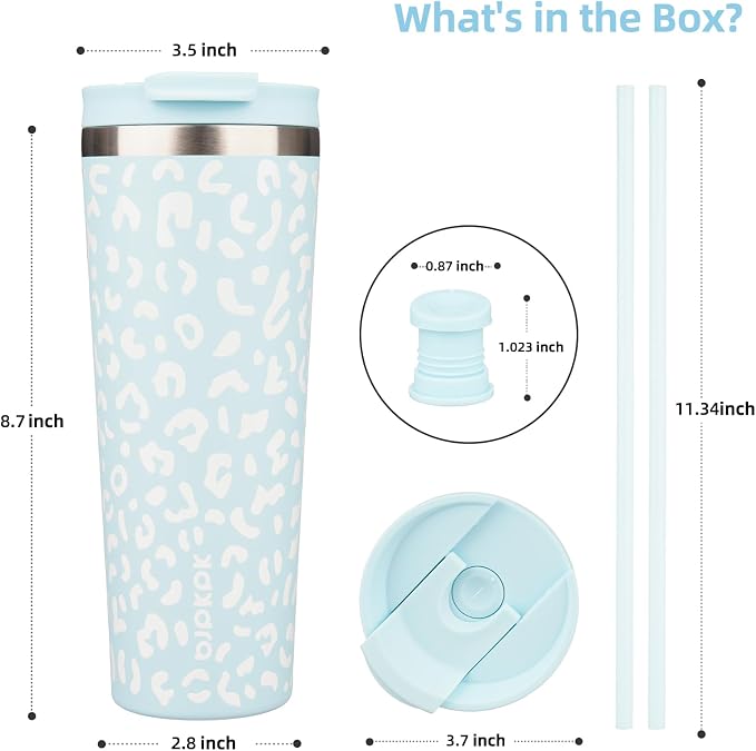 BJPKPK 26 oz Coffee Tumbler with Straw, Insulated Stainless Steel Cup | Double Wall Vacuum, Leak Proof Lid, Keeps Hot/Cold/Iced, BPA Free, Travel & Outdoor, Light Blue Leopard