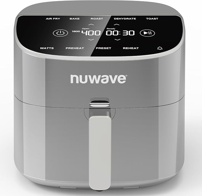 Nuwave Brio Plus 8 Qt Air Fryer, PFAS Free, New & Improved, 50-400°F in 5°F | Digital Touchscreen, Cool White Display, Ceramic Nonstick Coating, 5 Modes, 100 Presets/50 Memory, 700/1500/1800W, Cool Gray