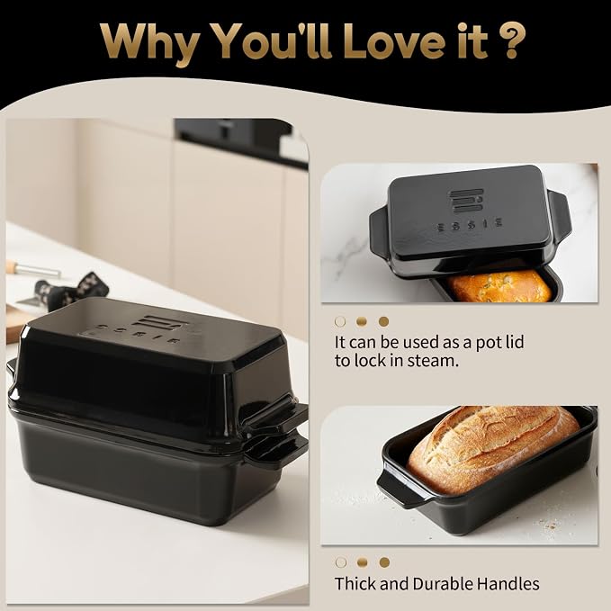 Enameled Cast Iron Dutch Oven for Bread Baking, 9×5 Dutch Oven Pot with Lid for Homemade Bread, 2 in 1 Sourdough Bread Pan with Lid, Roasting & Braising, Oven & Induction Safe (4.2 QT,Black)