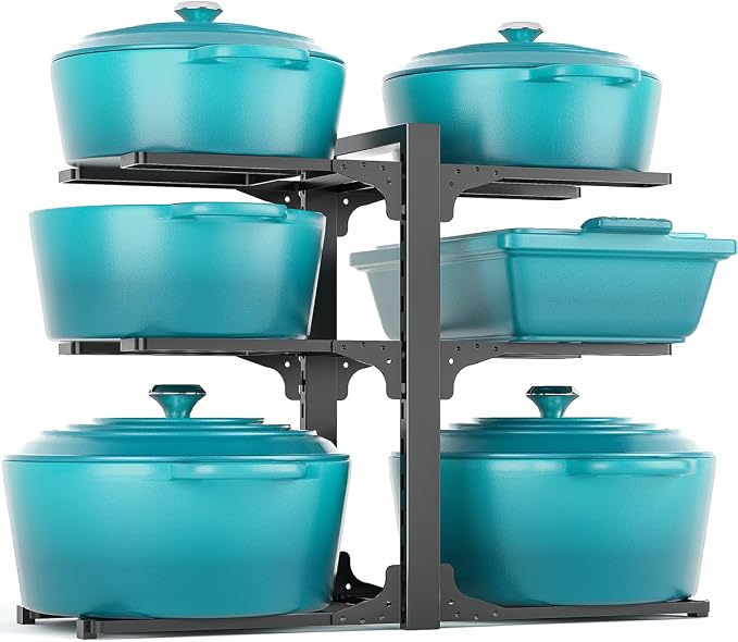 MUDEELA 6-Tier Heavy Duty Pots and Pans Organizer under Cabinet, 13.78" H | Work as a Single or Double-sided, Adjustable Pot Rack for Frying Pan, Cast Iron Skillet, Fits Various Cookware up to 12"