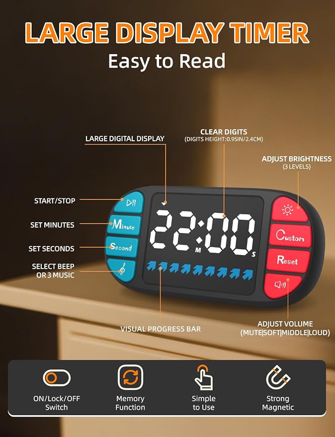 Digital Kitchen Visual Timer: 3.6'' Large LED Display, Magnetic, 3 Brightness, 4 Alarms and Volume, Memory Function, Countdown Count up for Cooking, Classroom, Home Gym, AAA Battery Included