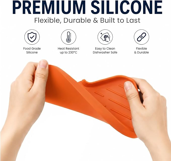 MicoYang Silicone Soap Dish with Drain Spout — Self-Draining Sink Organizer Tray for Bathroom & Kitchen, Sponges, Dispensers & Soap Holder, Non-Slip & Dishwasher Safe, Orange (Medium, 9.6"×5.3")