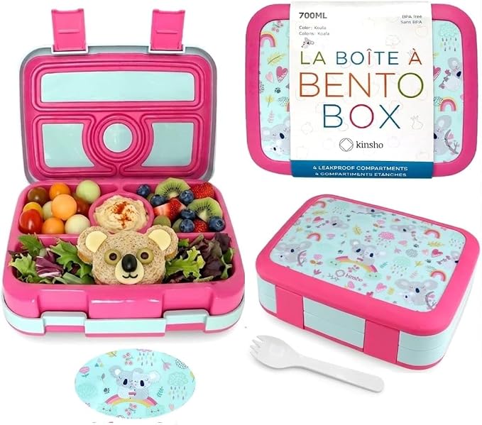 kinsho Bento Lunch Box for Kids Toddlers Girls, 4 Portion Sections Secure Lid, Microwave Safe BPA Free Removable Tray, Pre-School Kid Daycare Lunches Snack Container Ages 3 to 5, Pink Koala