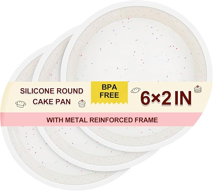 CAKETIME 6 Inch Silicone Round Cake Pan with Metal Reinforced Frame Set of 3, Non-stick & BPA Free, Even Heat Distribution, Stackable & Dishwasher Safe