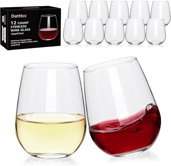 Stemless Wine Glasses Set of 12,16oz Crystal Red White Wine Glass