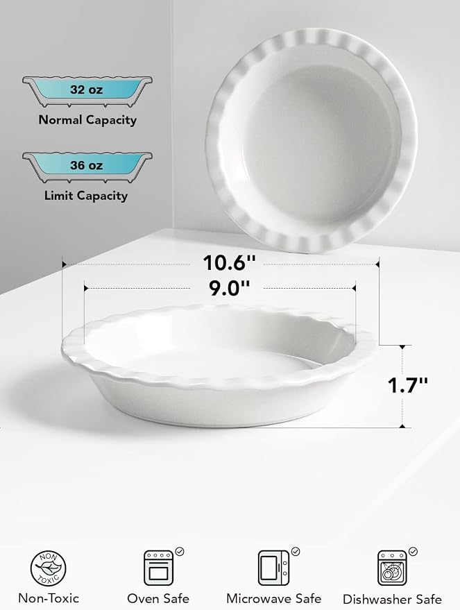 LE TAUCI Ceramic Pie Pans for Baking, 9 Inches Pie Plate for Apple Pie, Round Baking Dish, 36 Ounce Fluted Dish Pie Pan, Set of 2, White