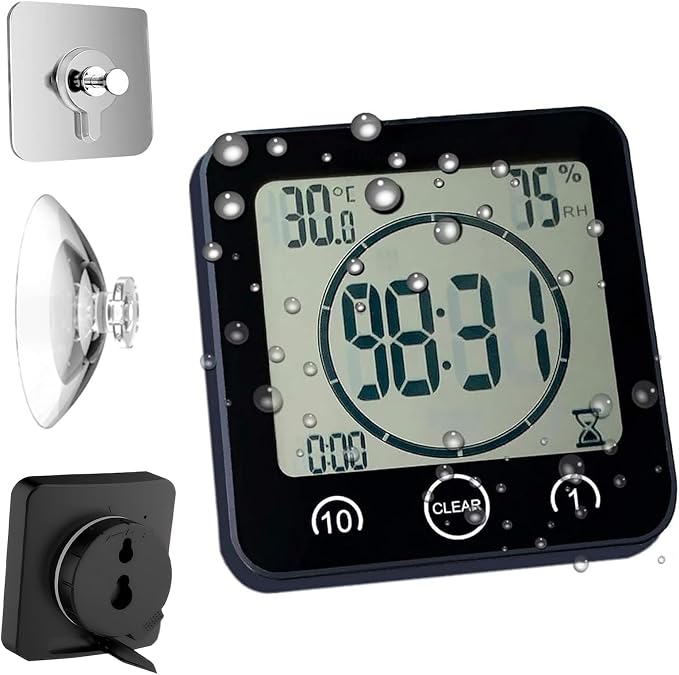 Waterproof Bathroom Wall Clock and Timer, Digital Water Resistant Hanging Timer for Shower, Large Display Kitchen Cooking Countdown Timers, Mirror Suction Clock with Temperature Humidity Meter (Black)