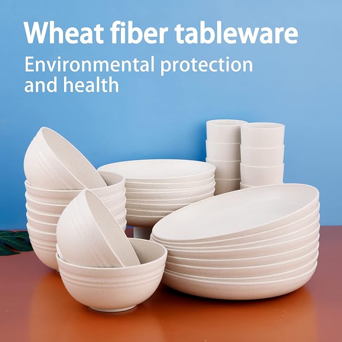 32Pcs Beige Wheat Straw Dinnerware Set Service For 8 Shatterproof | Elegant Cream Wheat Straw Plastic Dinnerware Set Includes Shatterproof Plates And Bowls For Rv Camping And College Dorm Use