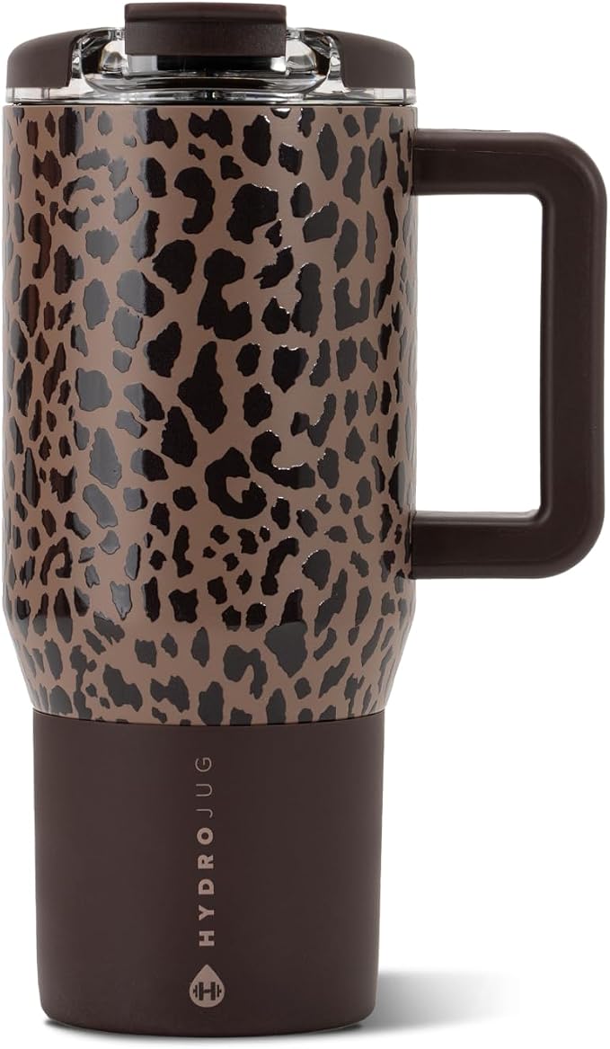 HydroJug Coffee Traveler 20oz Ceramic-Lined Mug with Handle, Brown Leopard