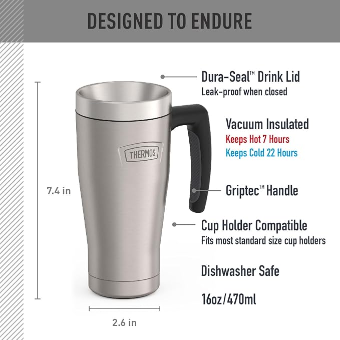 THERMOS ICON SERIES, Stainless Steel Mug, Matte Stainless Steel, 16 oz | BPA Free Material