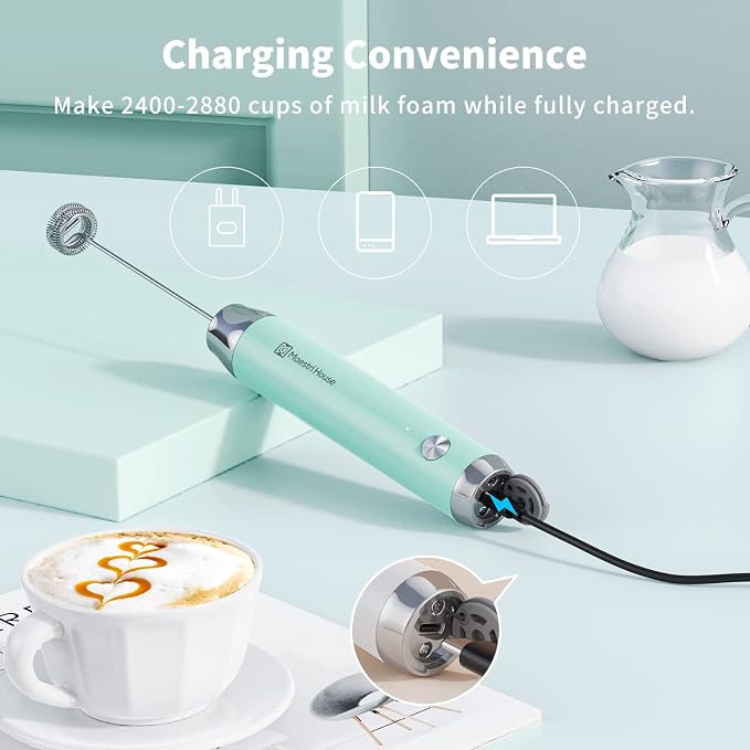 Maestri House LunaFro Rechargeable Milk Frother,Stand & 2 Detachable Whisks | 8000RPM Turbo Motor, 1200mAh lithium battery, Handheld Milk Frother for Lattes, Cappuccino, Matcha & Powdered Supplements