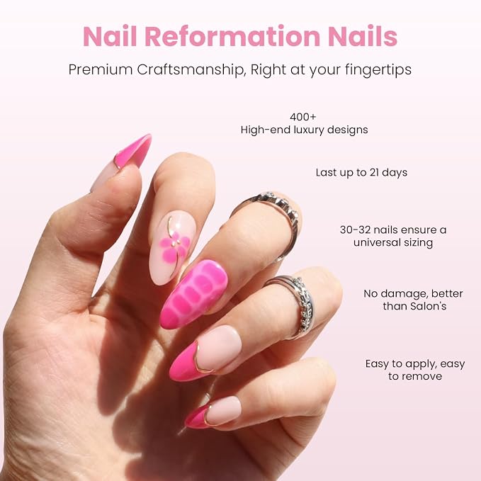 Nail Reformation Press On Nails, Peony Pop | 3D Floral Medium Almond 30 Pcs | 15 Sizes Fake Nails with Pink French Tips on Nude Base in Glossy Finish, Reusable Stick On Nail Kit with Glue for Women Gifts