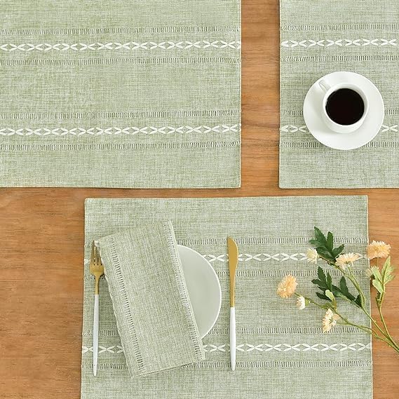 Wracra Cotton Linen Place Mats, Sage Green Embroidered Placemats Set of 6 | Placemats 12 x 18 Inch; Cotton Linen Woven Fabric; Heat Resistant Table Mats; Raised Embroidered Hollow Design