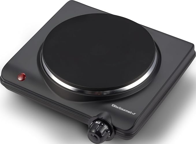 Elite Gourmet Electric Burner, 1000W Cast Iron Hot Plate, 7 Heat Settings | Portable cooktop for RV, dorm, office & small kitchens - road-ready, compact, and countertop-ready for cooking anywhere