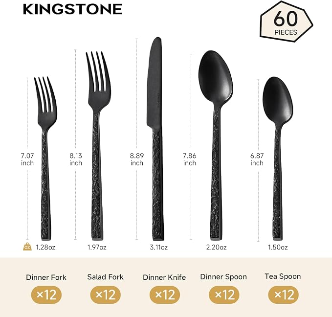 60 Pcs Black Hammered Silverware Set for 12, 18/10 Stainless Steel Heavy Duty Flatware Set, Tableware Cutlery Utensil Sets for Home Restaurant Dishwasher Safe
