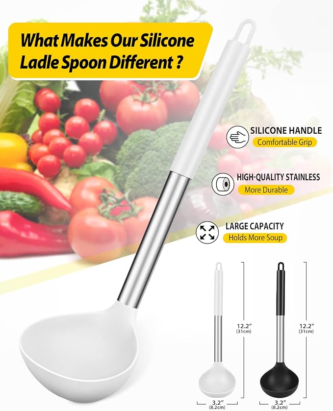 BUNDLEPRO Silicone Ladle Spoon Kitchen Utensils, 2 Pack, Black-White | Non Stick, High Heat Resistant, BPA Free, Ideal for Cooking, Stirring,Serving Soups