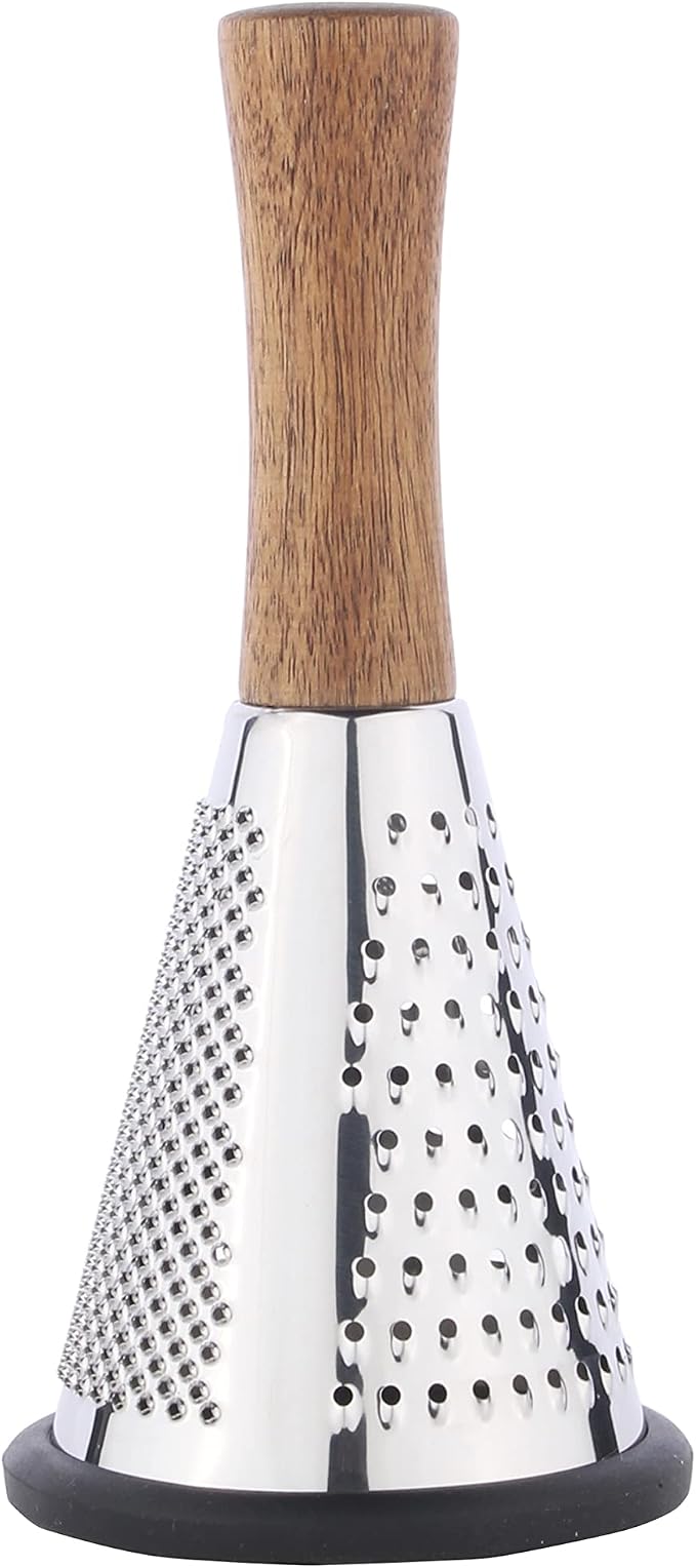Cone Cheese Grater with Handle - Stainless Steel Triple Function Wood Handle Parmesan Shaver Non-Slip Rubber Bottom Hand Held Multifunction Vegetables Cheese Grater with container(S: 7.7" X 3.5")