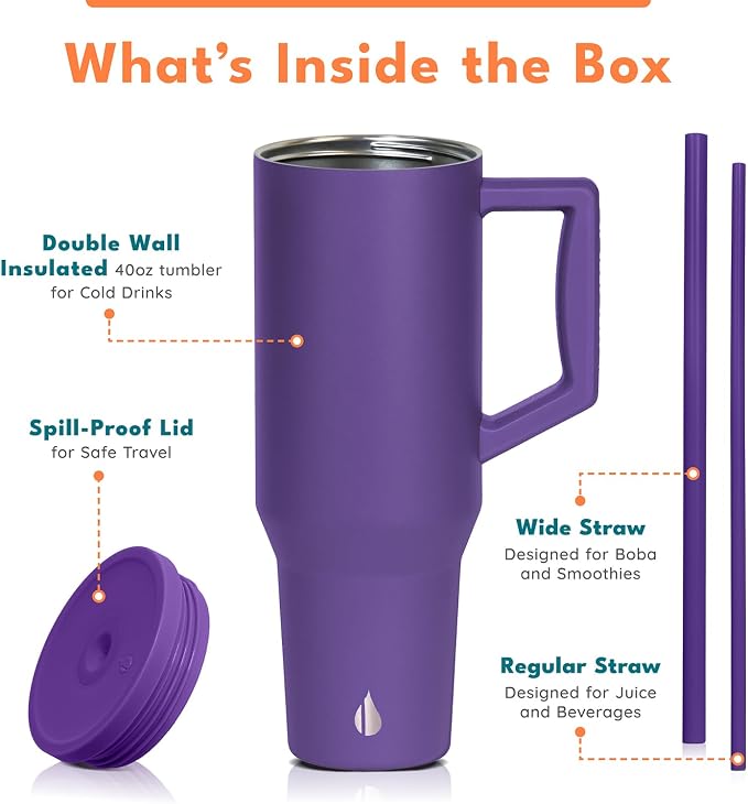 Elemental Spill Proof 40oz Insulated Tumbler with Handle & Straw Travel Mug | Stainless Steel Commuter Travel Coffee Mug for Cold Beverages, Includes 2 Straws & a Spill Proof Lid for Everyday Use