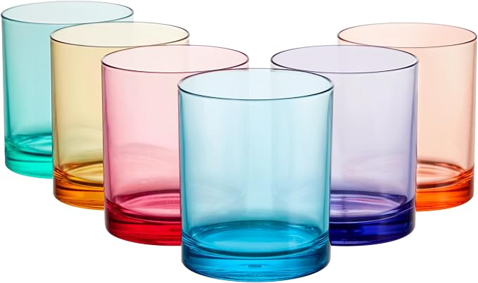 US Acrylic Classic Plastic Reusable Drinking Glasses (Set of 6) 12oz Rocks Cups Assorted Colors | BPA-Free Tumblers, Made in USA | Top-Rack Dishwasher Safe