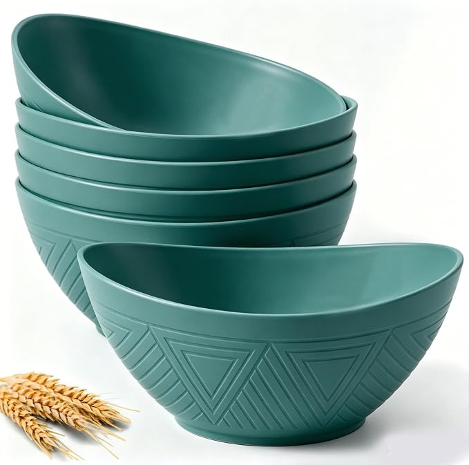 Salad Bowls 6 PCS Wheat Straw Bowls - 60oz Large Serving Bowl - Microwave and Dishwasher Safe Centerpiece Bowl Big Soup Bowl for Kitchen, Camping, Picnic, Party, Popcorn Bowl Set - Green