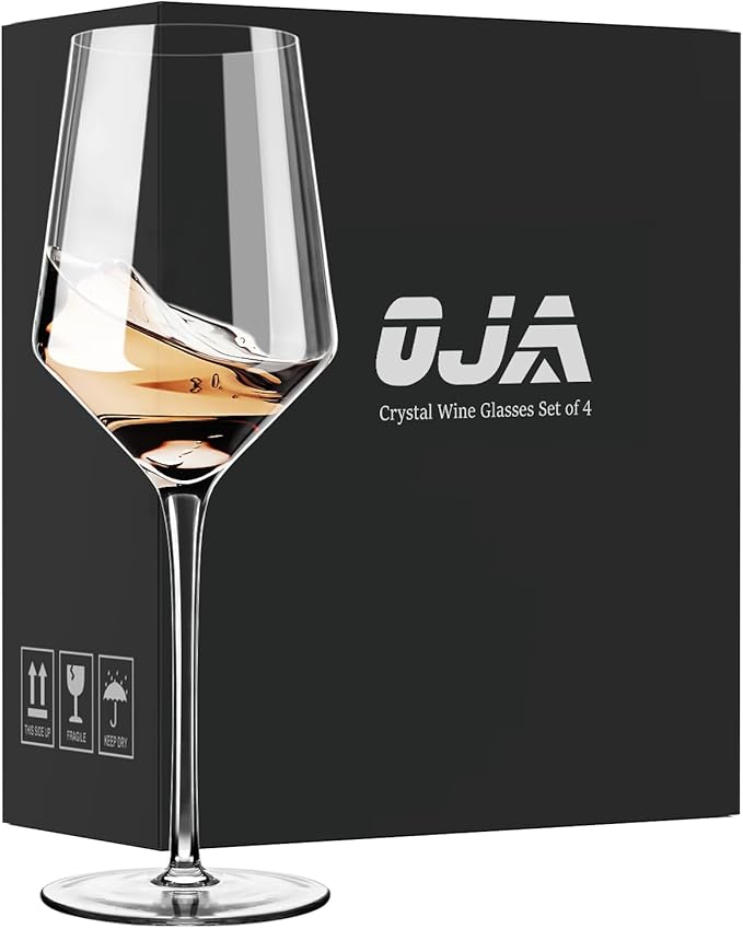 OJA Wine Glasses Set, Crystal White Hand Blown Wine Glass, Set of 4,15 oz | Thin Rim, Long Stem, Modern, Perfect for Red or White, Daily Use, Unique Wedding Anniversary or Birthday Gift