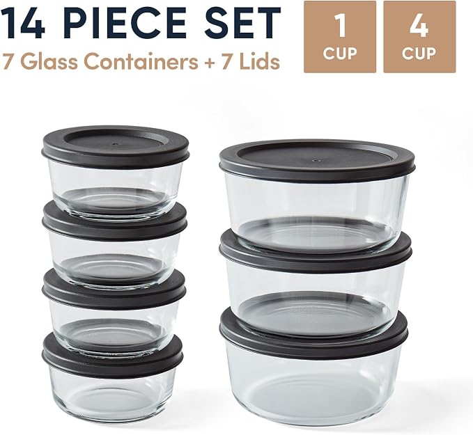 14-Piece Glass Food Storage Containers Set (7 Containers + 7 BPA-Free Lids) | 1-Cup & 4-Cup, Leakproof | Microwave, Freezer, Oven & Dishwasher Safe | Ideal for Meal Prep & Pantry Organization, Black