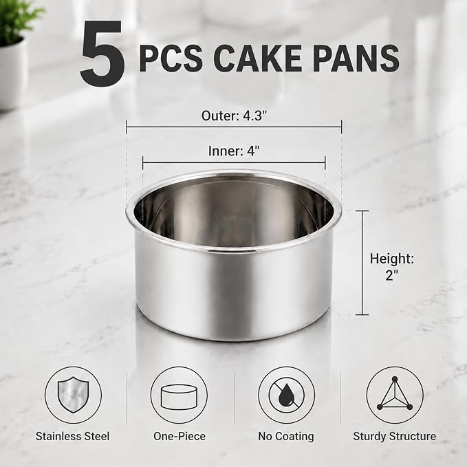 TeamFar 4 Inch Cake Pan, 5 Pcs Stainless Steel Round Baking Cake Pans Set | Layer Cake Baking Pans Set for Baking Steaming Serving, Healthy & Sturdy, Mirror Finish & Dishwasher Safe