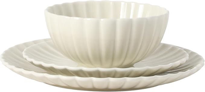 Gibson Elite Peach Orchard 12-Piece New Bone China Dinnerware Set Service for 4, Embossed Fluted Plates and Bowls, Dishwasher and Microwave Safe, Cream White