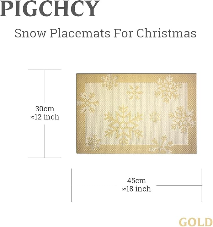PIGCHCY Christmas Placemats Snowflake Woven Heat Resistant Placemats Washable Easy to Clean Table Mats for Dining Room and Decor(Set of 4, Gold)