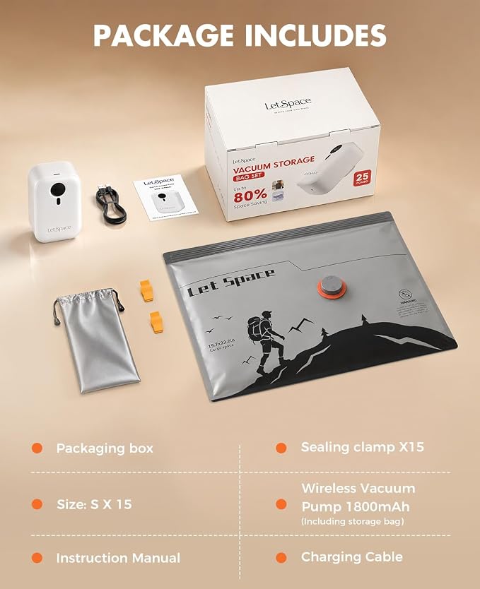 Vacuum Storage Bags with Electric Pump, 60kPa Vacuum Seal Bags for Clothing Devices, Travel Bags with Portable Cordless Pump Included, Compatible with Bags 15 Small Set
