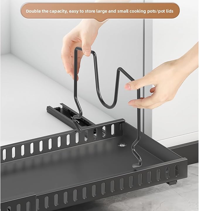 pots and pans organizer under cabinet,pot lid organizers inside cabinet holders for kitchen,Horizontal and vertical pulling modes,Can be extended and adjusted (Black horizontal pull-out)