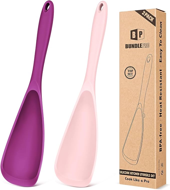 Pack of 2 Cooking Spoons for Non Stick Cookware, Multifunction Spatula Spoon BPA-Free, One-Piece Design, Suitable for Scooping, Scraping, Serving and Mixing (PINK-PURPLE)