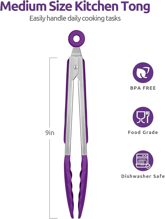 U-Taste Kitchen Tong for Cooking, 600ºF Heat-Resistant Tps, 9in/Purple | Rubber Tong for Serving Food, Salad/Grill/BBQ/Steak/Pasta Silicon Tongs, 18/8 Stainless Steel Handle & Smooth Locking