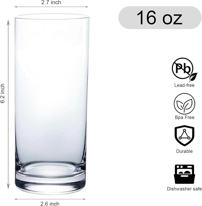Wlasss Drinking Glasses Set of 8, 16oz Glass Cups, Kitchen Highball Glasses for Beer, Juice and Cocktail, Collins Water Glasses for Bar Glassware, Unique Gifts for Christmas