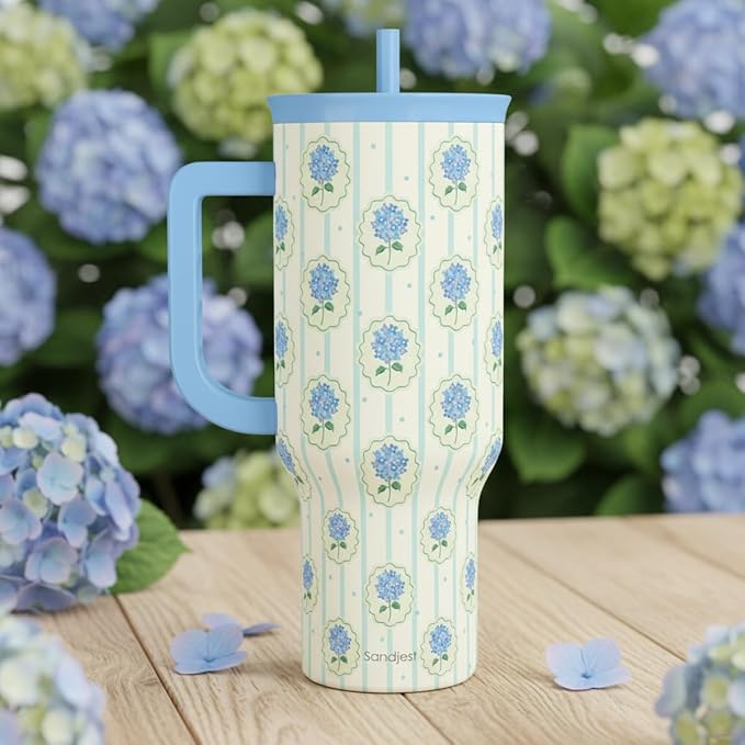 SANDJEST Hydrangea 40oz Tumbler with Handle and Straw, Floral Insulated Stainless Steel Travel Coffee Mug for Women Girls, Gift Idea for Birthday Christmas Mothers Day