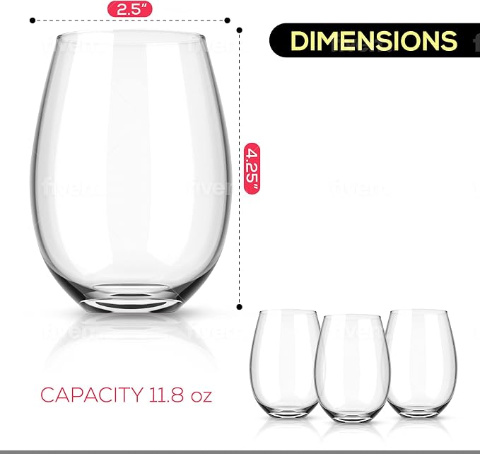 Royalty Art European Stemless Wine Glasses, 4-Piece Set, Clear | Elegant hosting glassware, modern heavy-duty glass crystal, dishwasher safe